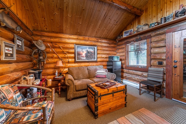 carpeted living room with wood ceiling, lofted ceiling with beams, and rustic walls