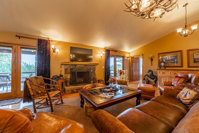 living room featuring an inviting chandelier, light hardwood / wood-style flooring, and vaulted ceiling