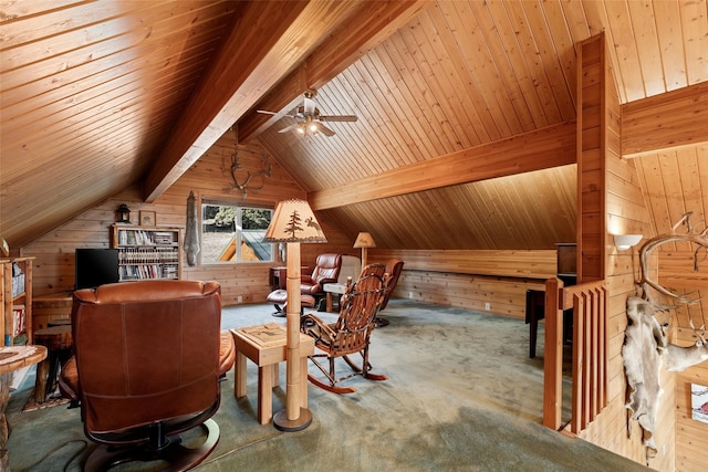 interior space featuring vaulted ceiling with beams, wooden ceiling, ceiling fan, and carpet floors