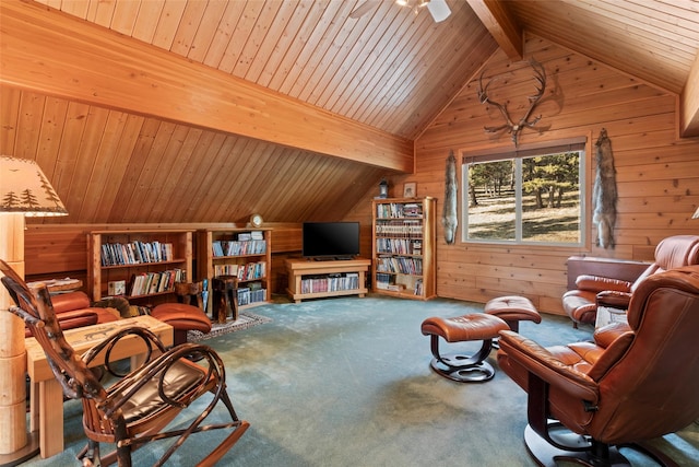 sitting room featuring lofted ceiling with beams, wooden ceiling, wooden walls, and carpet floors