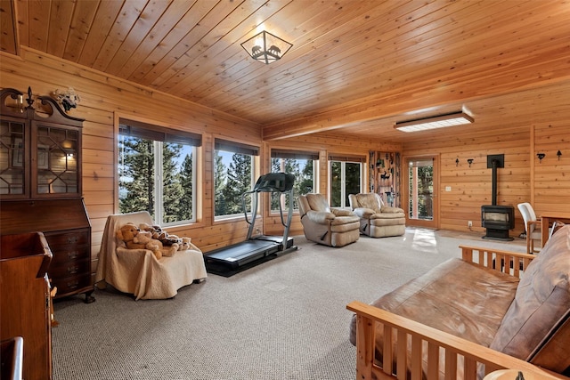 964 Elkhorn Rd, Seeley Lake, MT 59868 - carpeted living room featuring a wood stove, wooden walls, and wooden ceiling
