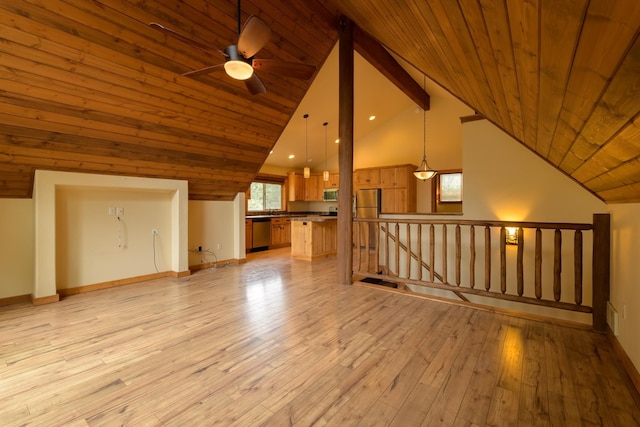 additional living space featuring wood ceiling, high vaulted ceiling, light hardwood / wood-style floors, and ceiling fan