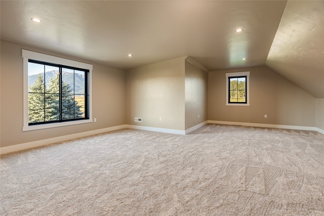 additional living space featuring lofted ceiling and carpet