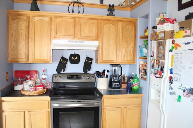 95 Furman Ln, East Helena, MT 59635 - kitchen with under cabinet range hood, stainless steel range with electric stovetop, white refrigerator with ice dispenser, light brown cabinetry, and dark countertops
