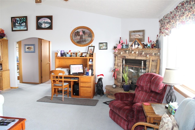 95 Furman Ln, East Helena, MT 59635 - office space featuring carpet, a glass covered fireplace, and arched walkways