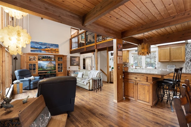 living room featuring hardwood / wood-style flooring, wooden ceiling, an inviting chandelier, and beamed ceiling