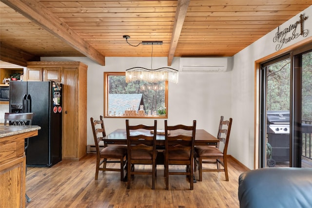 dining space featuring light wood-type flooring, a wall mounted AC, wood ceiling, and beam ceiling