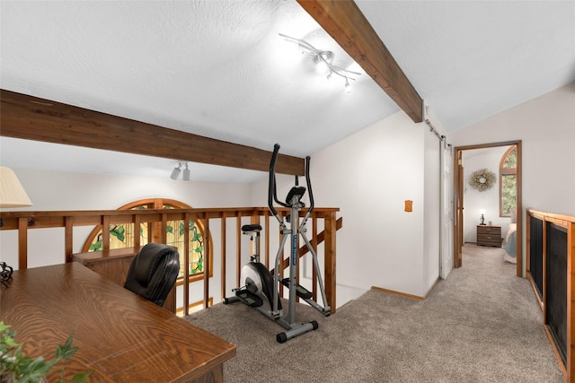 interior space featuring light colored carpet, a textured ceiling, and vaulted ceiling with beams