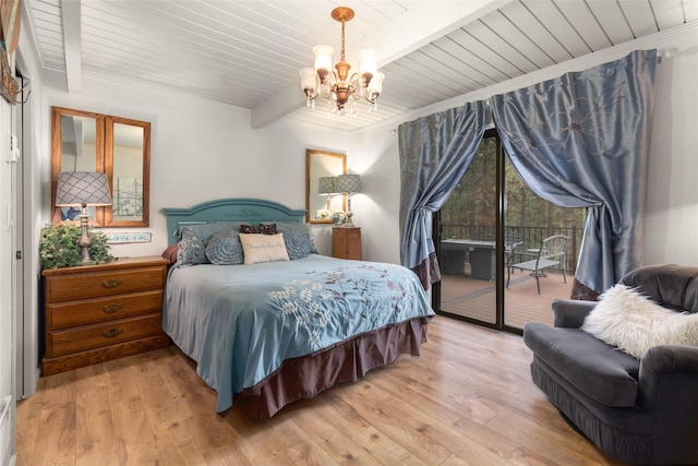 bedroom with beamed ceiling, a chandelier, access to outside, and light hardwood / wood-style floors