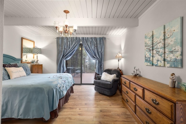 bedroom featuring beam ceiling, an inviting chandelier, light hardwood / wood-style flooring, wooden ceiling, and access to exterior