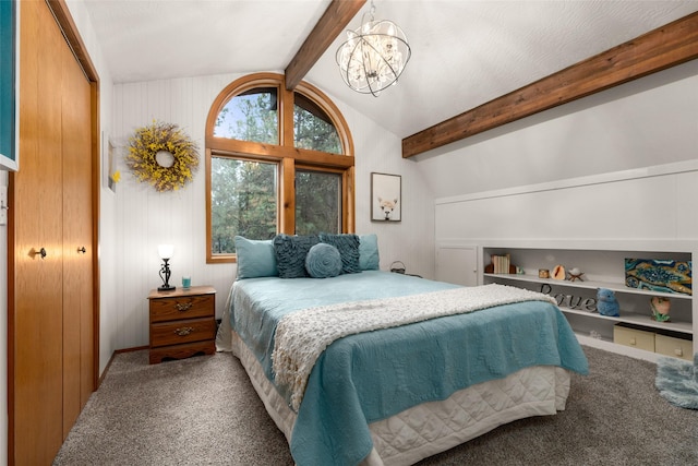 carpeted bedroom with an inviting chandelier and lofted ceiling with beams