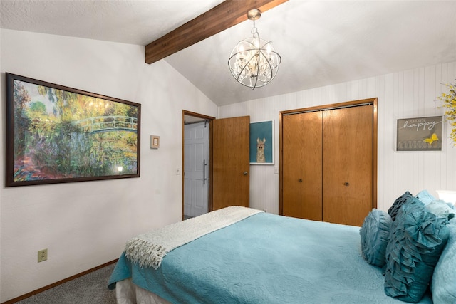 bedroom featuring carpet, vaulted ceiling with beams, a chandelier, and a closet