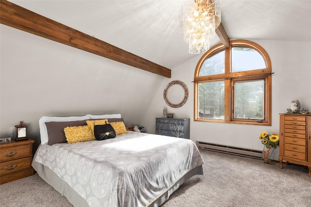 carpeted bedroom featuring an inviting chandelier, a baseboard radiator, and lofted ceiling with beams