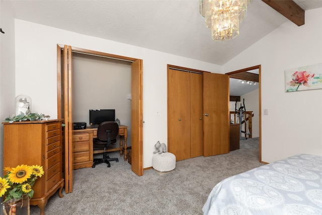 carpeted bedroom featuring an inviting chandelier and lofted ceiling with beams