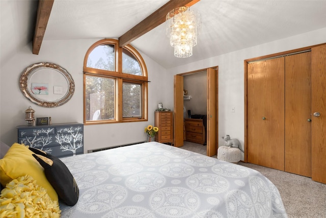 carpeted bedroom with a baseboard heating unit, vaulted ceiling with beams, an inviting chandelier, and a closet