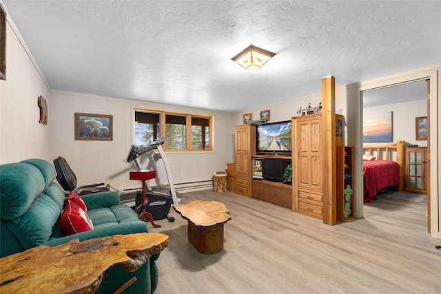 living room with a textured ceiling and light wood-type flooring