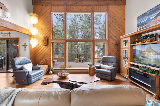 living room with hardwood / wood-style flooring, a towering ceiling, and a healthy amount of sunlight