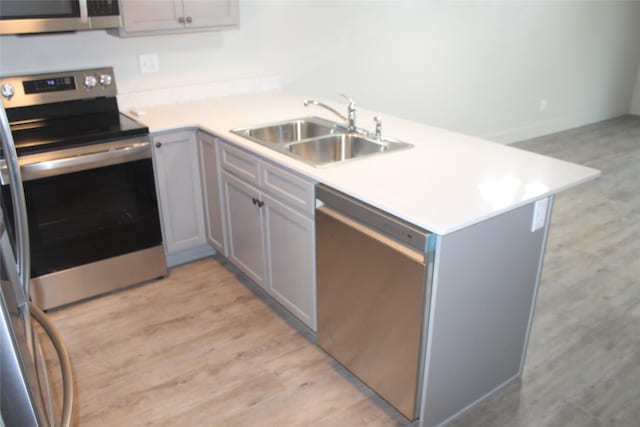 kitchen with kitchen peninsula, appliances with stainless steel finishes, sink, gray cabinets, and light hardwood / wood-style floors