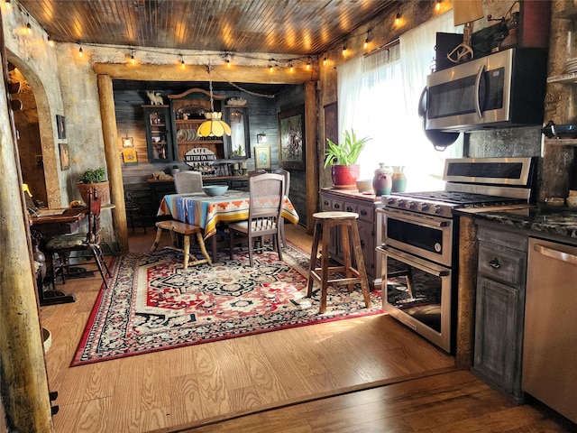 116 3rd Ave NE, Dutton, MT 59433 - dining room featuring wood-type flooring, wooden ceiling, arched walkways, and track lighting