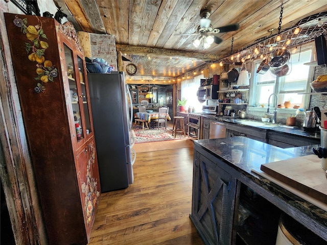 116 3rd Ave NE, Dutton, MT 59433 - kitchen with stainless steel appliances, wood ceiling, hardwood / wood-style flooring, dark countertops, and ceiling fan