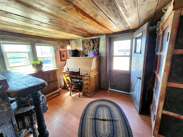 interior space featuring hardwood / wood-style flooring, wood walls, wood ceiling, and radiator heating unit