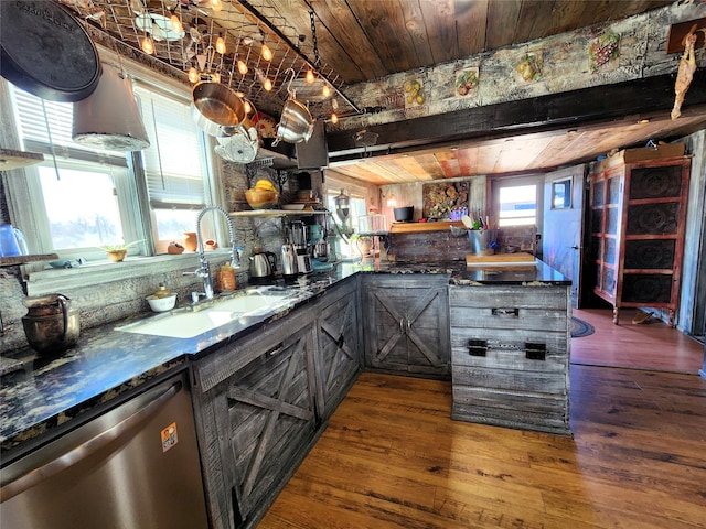 kitchen with dark hardwood / wood-style floors, sink, stainless steel dishwasher, wood ceiling, and dark stone countertops