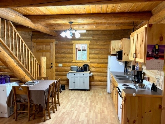 kitchen with decorative light fixtures, an inviting chandelier, log walls, beam ceiling, and light hardwood / wood-style floors