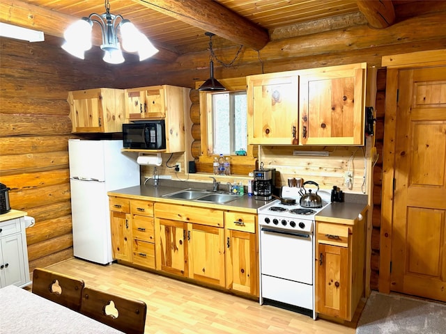 kitchen featuring beamed ceiling, white appliances, decorative light fixtures, wooden ceiling, and rustic walls