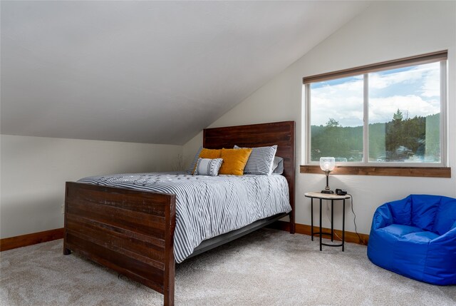 carpeted bedroom with lofted ceiling