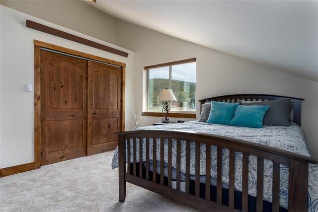 bedroom with vaulted ceiling, a closet, and carpet flooring