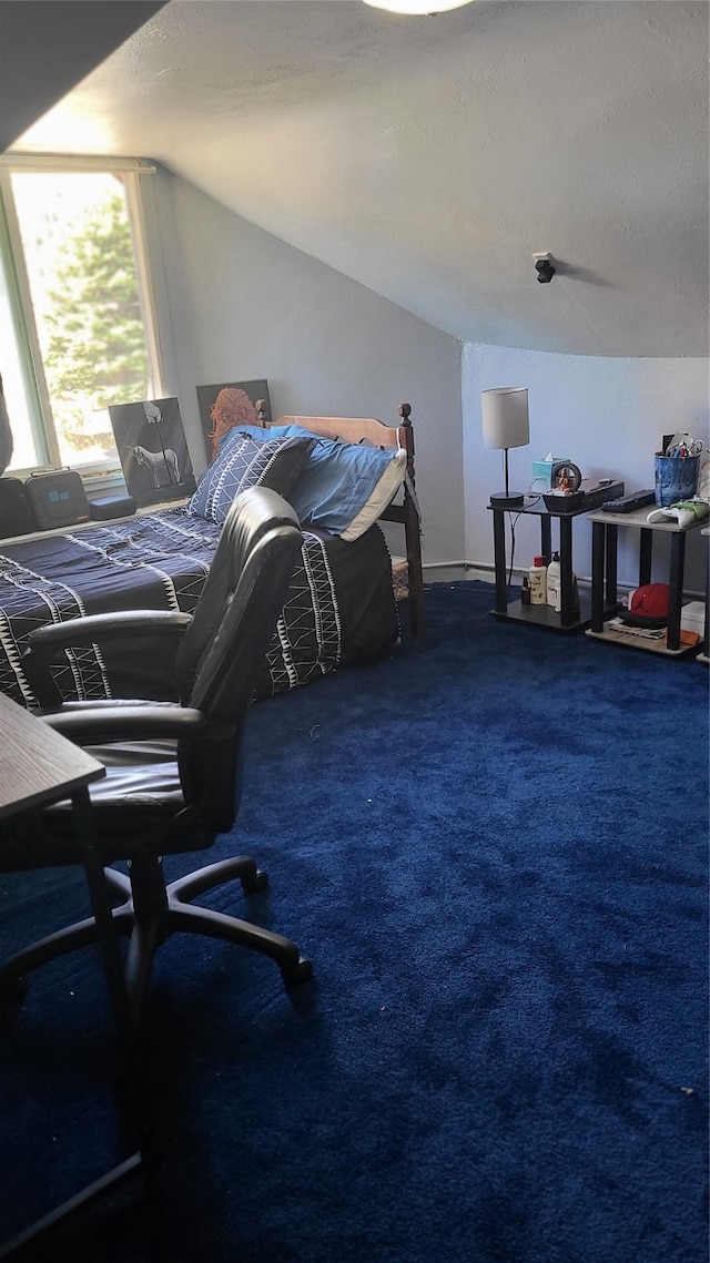 bedroom featuring a textured ceiling and dark colored carpet