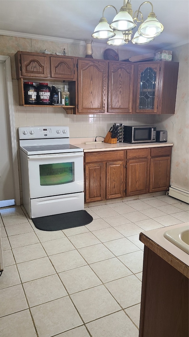 kitchen featuring crown molding, light tile patterned floors, electric range, a baseboard radiator, and hanging light fixtures