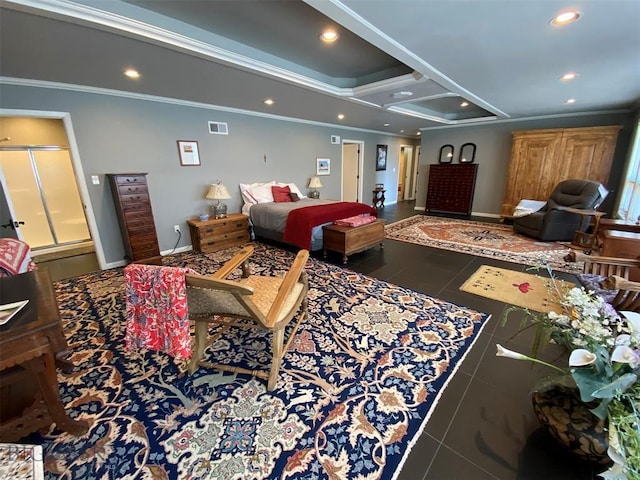 living room with dark tile flooring, crown molding, and coffered ceiling