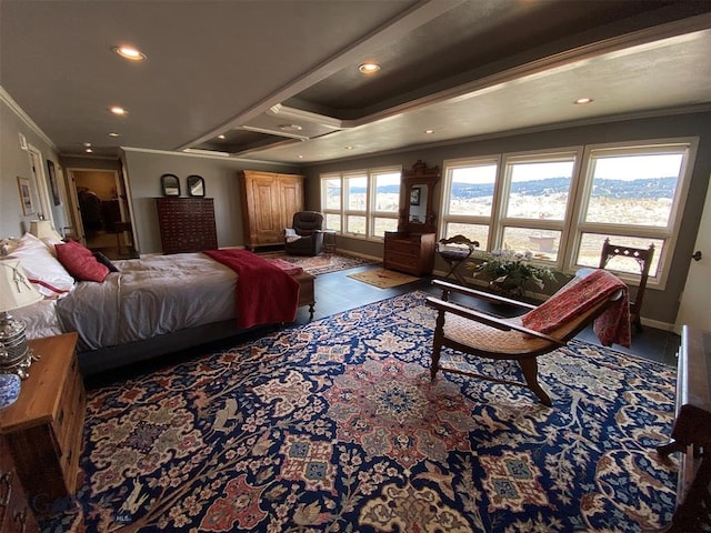 tiled bedroom featuring ornamental molding and a raised ceiling