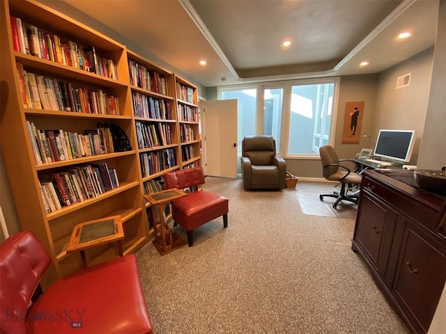 home office featuring light colored carpet