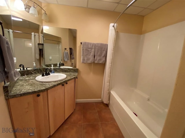 bathroom with shower / bathtub combination with curtain, tile floors, and vanity