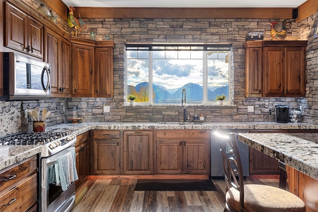 kitchen with a mountain view, light stone countertops, dark wood-type flooring, appliances with stainless steel finishes, and sink