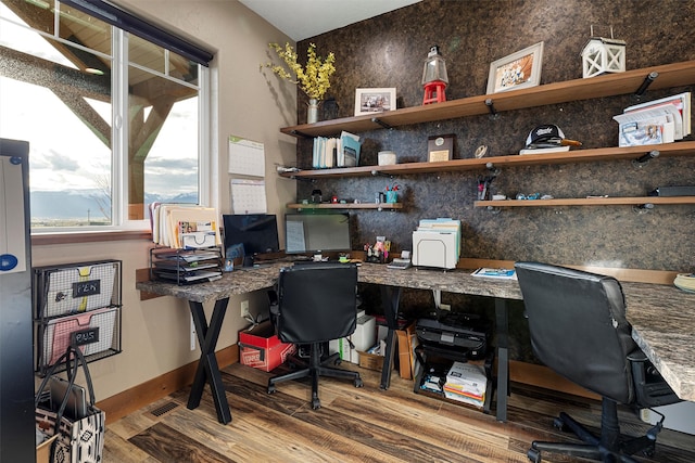 home office with hardwood / wood-style floors and built in desk