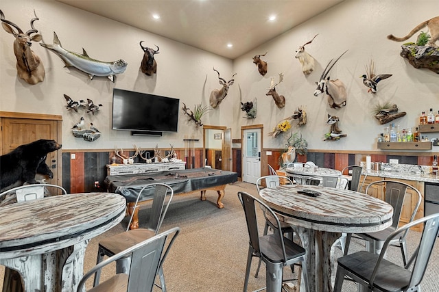 828AND806 Corvallis Hills Dr, Corvallis, MT 59828 - carpeted dining room with a wainscoted wall and recessed lighting
