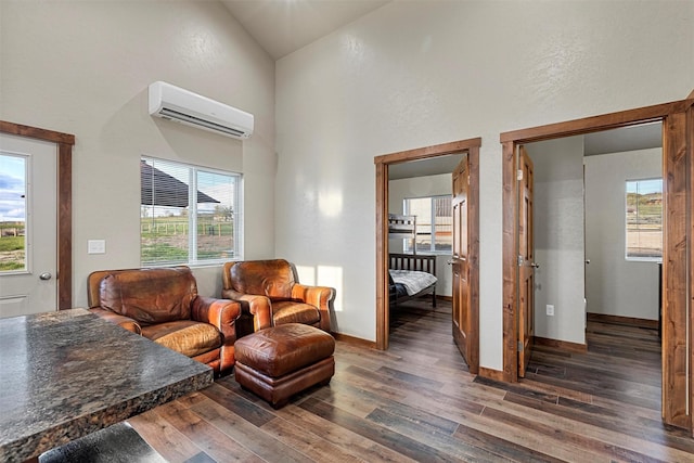 828AND806 Corvallis Hills Dr, Corvallis, MT 59828 - sitting room with a wall mounted AC, wood finished floors, and high vaulted ceiling