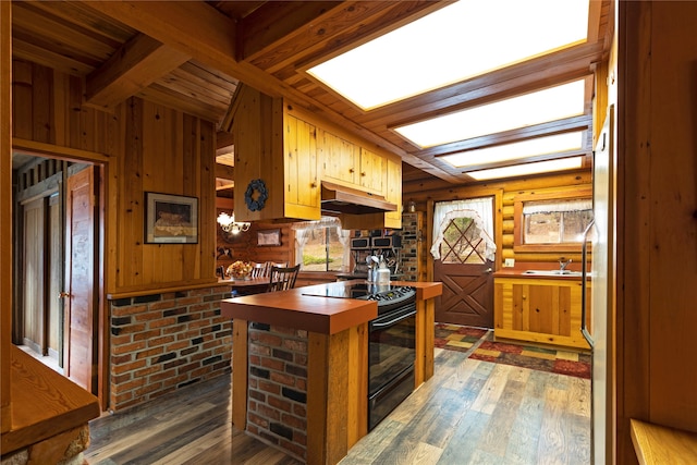 kitchen featuring electric range, beam ceiling, dark wood-type flooring, and wooden walls