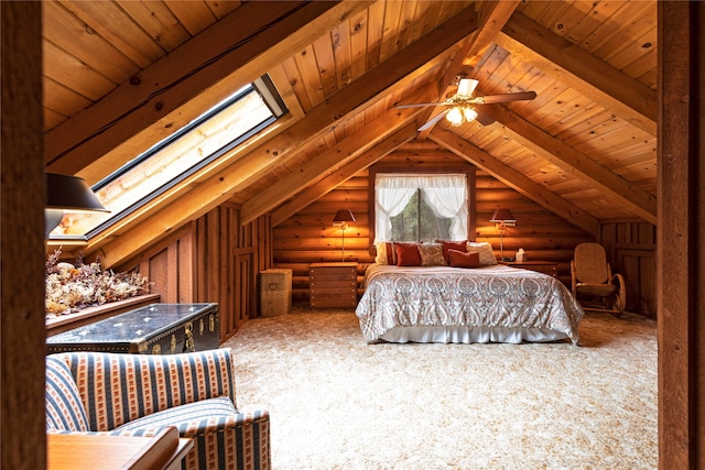 unfurnished bedroom with wood ceiling, rustic walls, and lofted ceiling with skylight