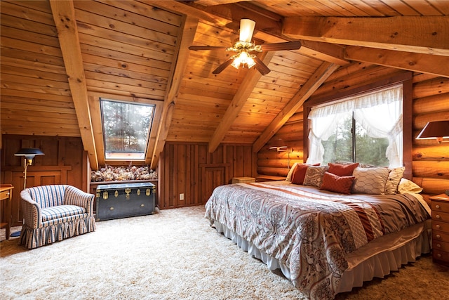 bedroom with wood ceiling, carpet, and lofted ceiling with beams