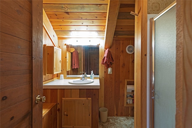 bathroom with oversized vanity and wooden walls