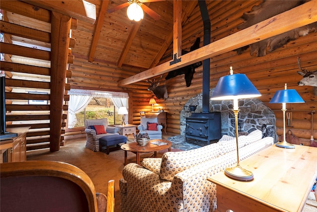 unfurnished living room featuring high vaulted ceiling, wood ceiling, carpet floors, a wood stove, and rustic walls