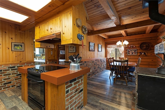 kitchen with a notable chandelier, black range with electric cooktop, dark hardwood / wood-style floors, and wood ceiling