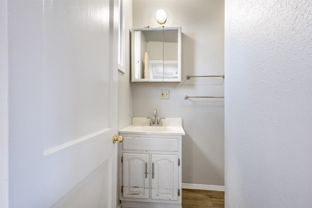 bathroom featuring vanity and hardwood / wood-style flooring