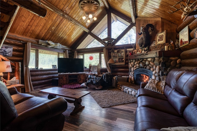 living room with dark hardwood / wood-style floors, plenty of natural light, and log walls