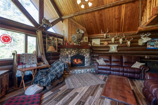 living room featuring high vaulted ceiling, dark hardwood / wood-style flooring, a fireplace, and rustic walls