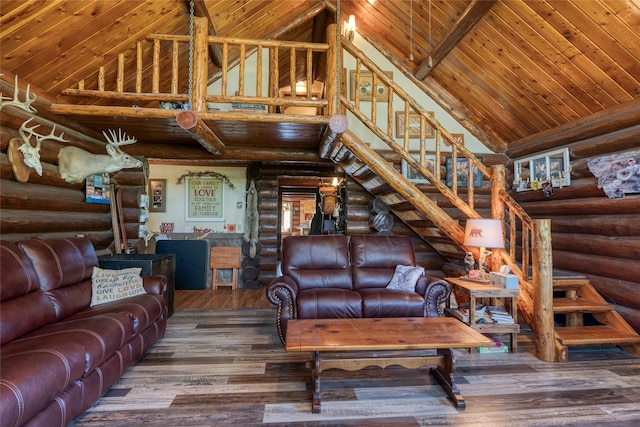 living room with wood ceiling, high vaulted ceiling, rustic walls, and dark wood-type flooring